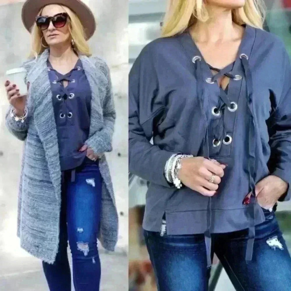 CASUAL DOLLZ Lace Front Top - Blue - Picture 3 of 4